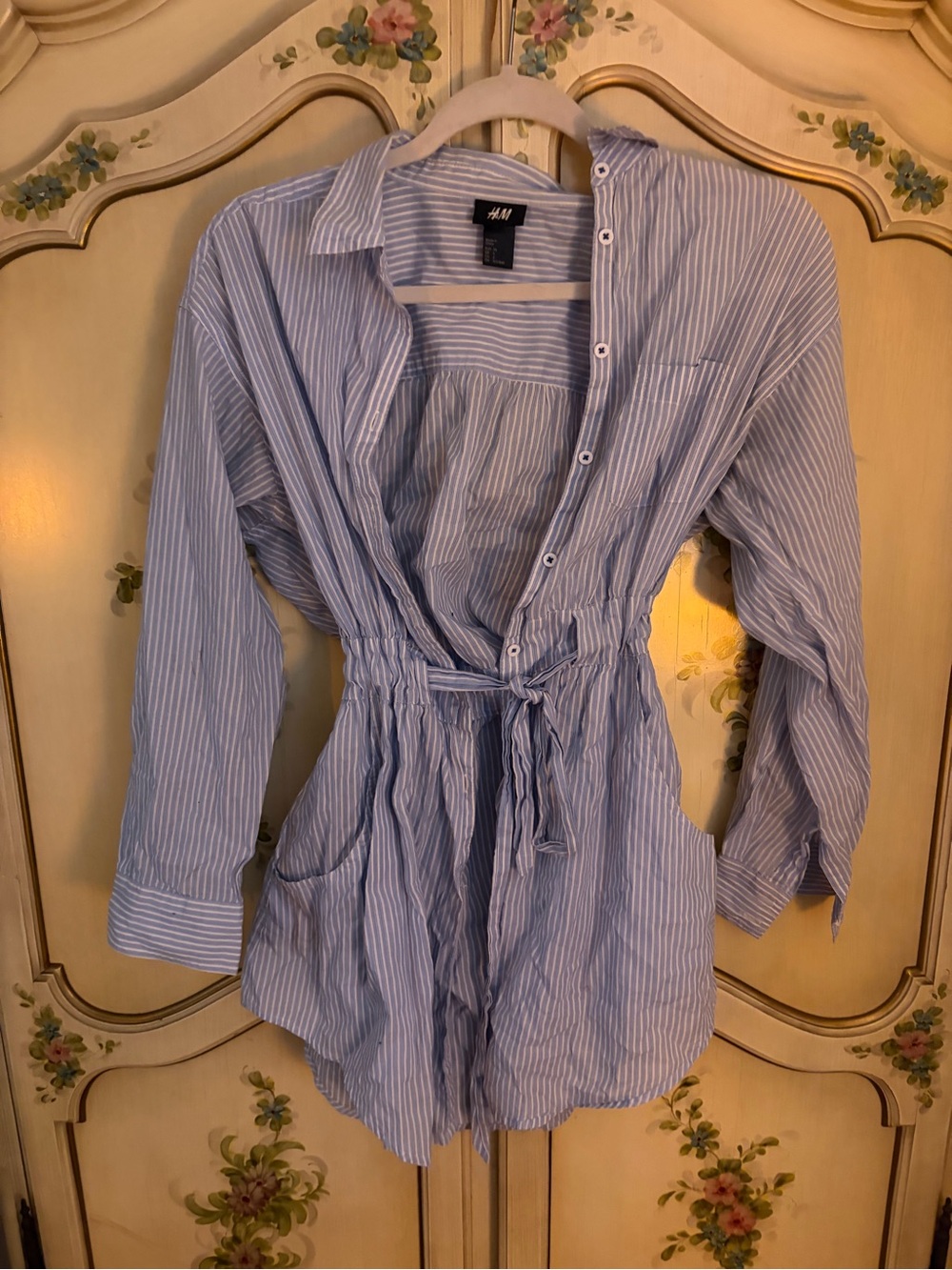 Blue Stripe Button-Front Drawstring Shirt - Picture 2 of 4